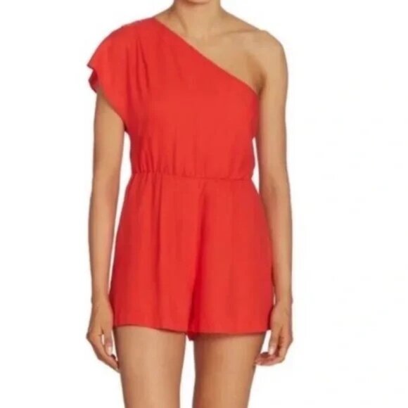 New Alice and Olivia Draped One Shoulder Romper in Red/Poppy, Size 2 NWOT - Picture 1 of 5